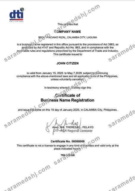 Philippines Calamba certificate of business name registration Word and PDF template